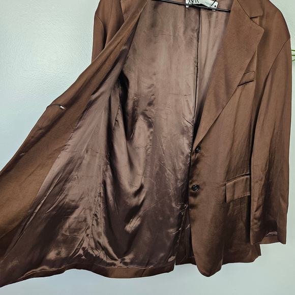 NWOT Zara Single Breasted Oversized Satin Blazer Jacket Sz M Brown NEW - Picture 6 of 13